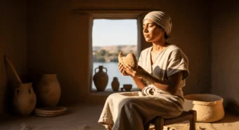 Mulher em ambiente simples segura pão e medita; inspiração da alimentação consciente no egito antigo.