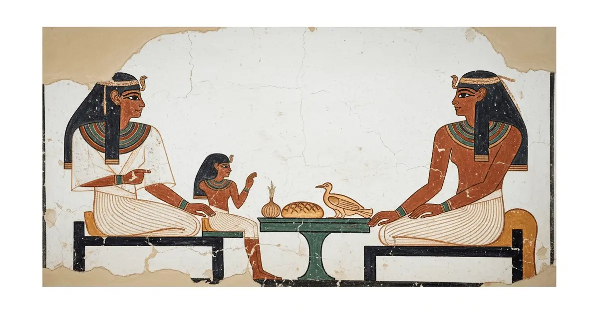 Pintura egípcia mostra pessoas sentadas à mesa com pão e alimentos, referência à alimentação consciente no egito antigo.