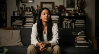 Mulher pensativa em sala repleta de objetos, refletindo sobre o acúmulo e como vender coisas usadas pode transformar o lar.