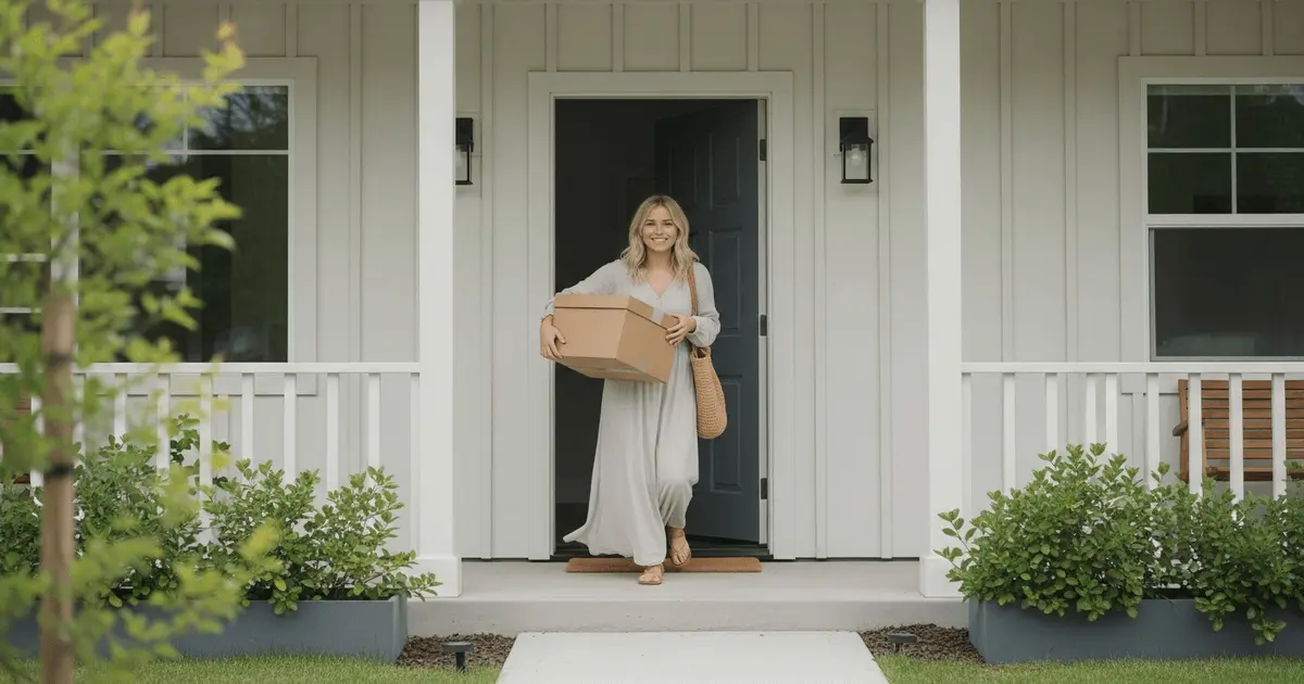 Mulher loira sorrindo, usando vestido longo, bolsa de palha e caixa nas mãos, ilustrando como vender coisas usadas facilita o desapego.