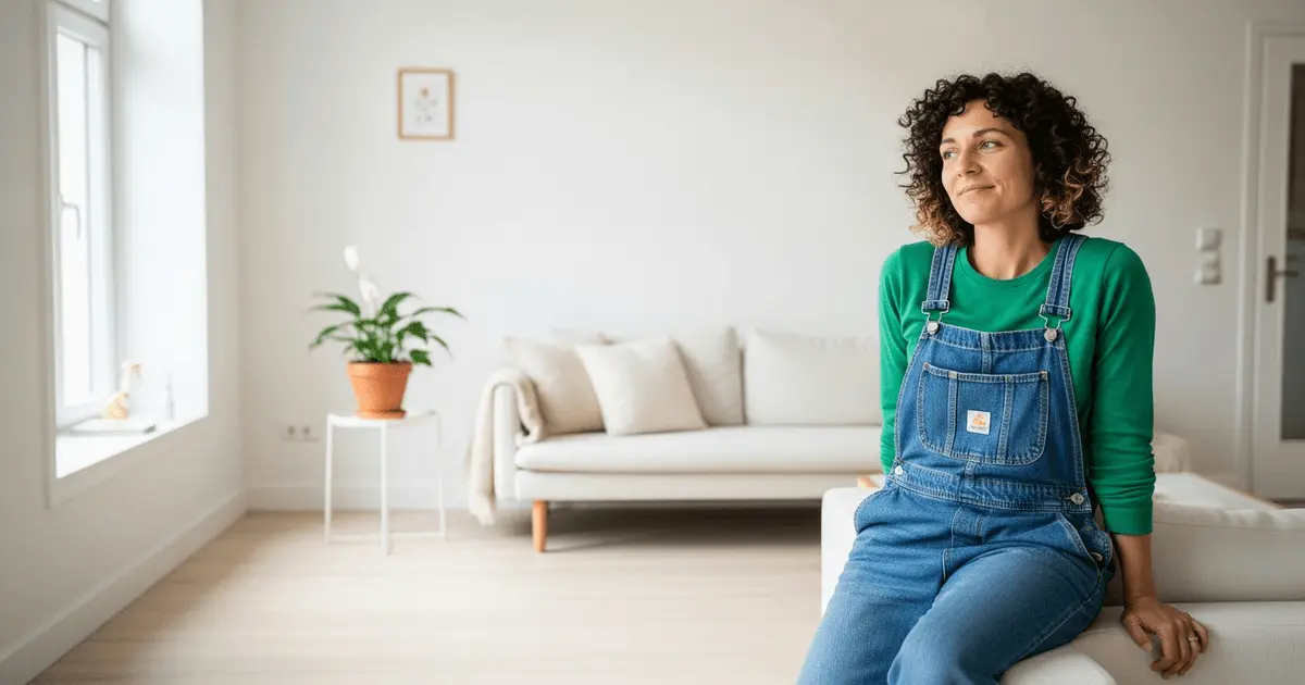 Moça sorrindo sentada em sala iluminada e organizada, ilustrando como vender coisas usadas transforma o ambiente.