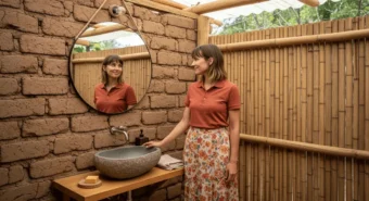 Mulher sorri levemente para seu reflexo em banheiro rústico minimalista, vivendo minha experiencia com no poo.