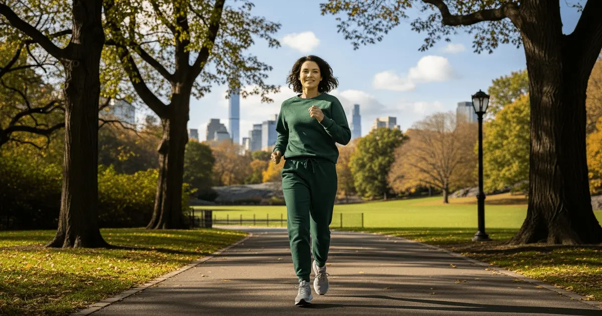 Mulher correndo no parque, cabelo cacheado ao vento, transmitindo leveza e liberdade em minha experiencia com no poo.