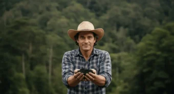 Homem com chapéu segura terra preta fértil diante da floresta, representando o que é solo vivo e sua riqueza invisível.