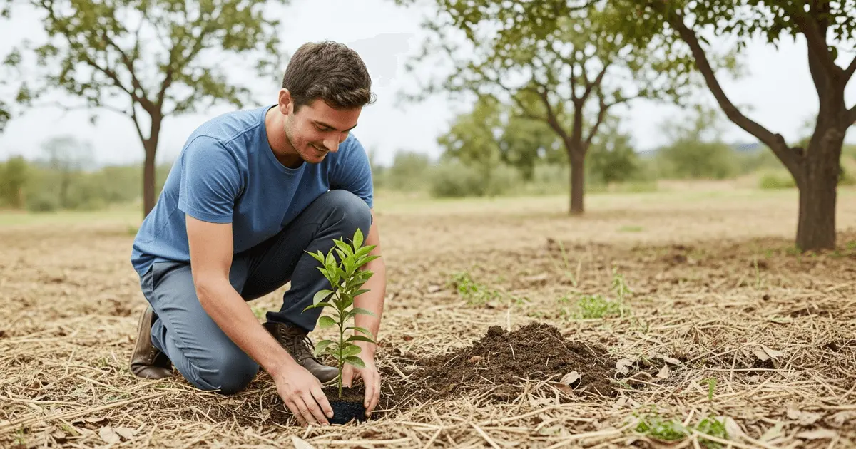Homem planta muda de laranja em solo coberto por palha, exemplo de o que é solo vivo na prática, com cuidado sustentável.