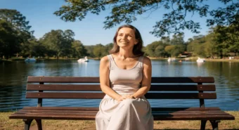 Mulher sentada no banco perto do lago, sorrindo ao sol, a felicidade esta nas pequenas coisas, tarde tranquila.