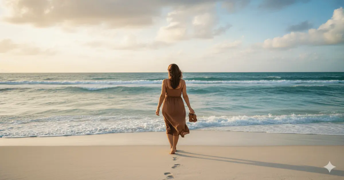 Mulher caminha na areia na Bahia, vestido marrom, sandalias na mao, por do sol chegando, a felicidade esta nas pequenas coisas.