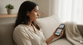 Coisas que não compro mais: mulher no sofá segura celular com carrinho aberto e pausa antes de finalizar a compra.