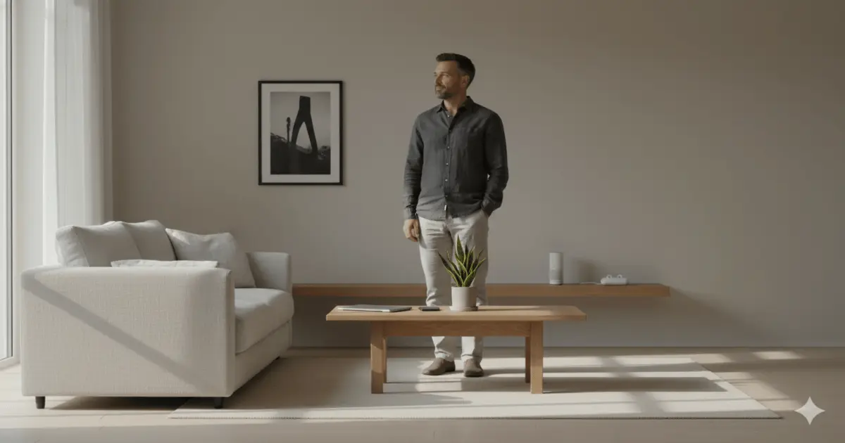 Coisas que não compro mais: homem em sala minimalista e funcional, com poucos objetos e tecnologia discreta no ambiente.