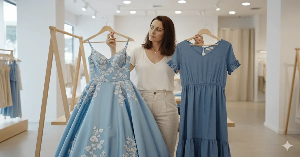Coisas que não compro mais: mulher compara vestido de festa azul e vestido simples azul, decidindo com intenção.