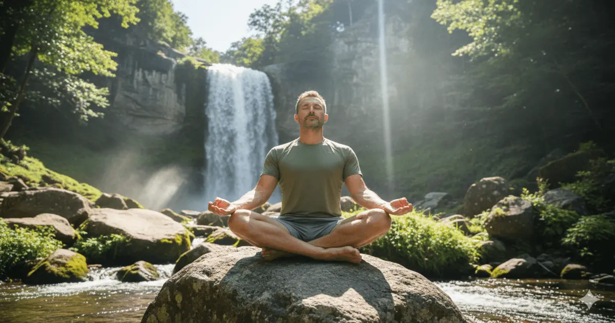 Homem medita em pedra diante da cachoeira num dia ensolarado, exemplo de como fazer um detox mental com presença.