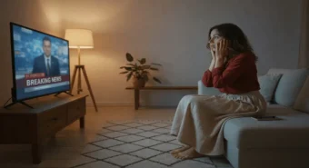 Mulher no sofá assiste noticiário à noite, celular ao lado, refletindo como fazer um detox mental ao filtrar conteúdos.