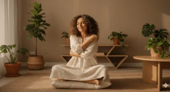 Mulher de cabelo cacheado se abraça em meditação no chão, em casa minimalista, vivendo quando comecei a me amar de verdade.