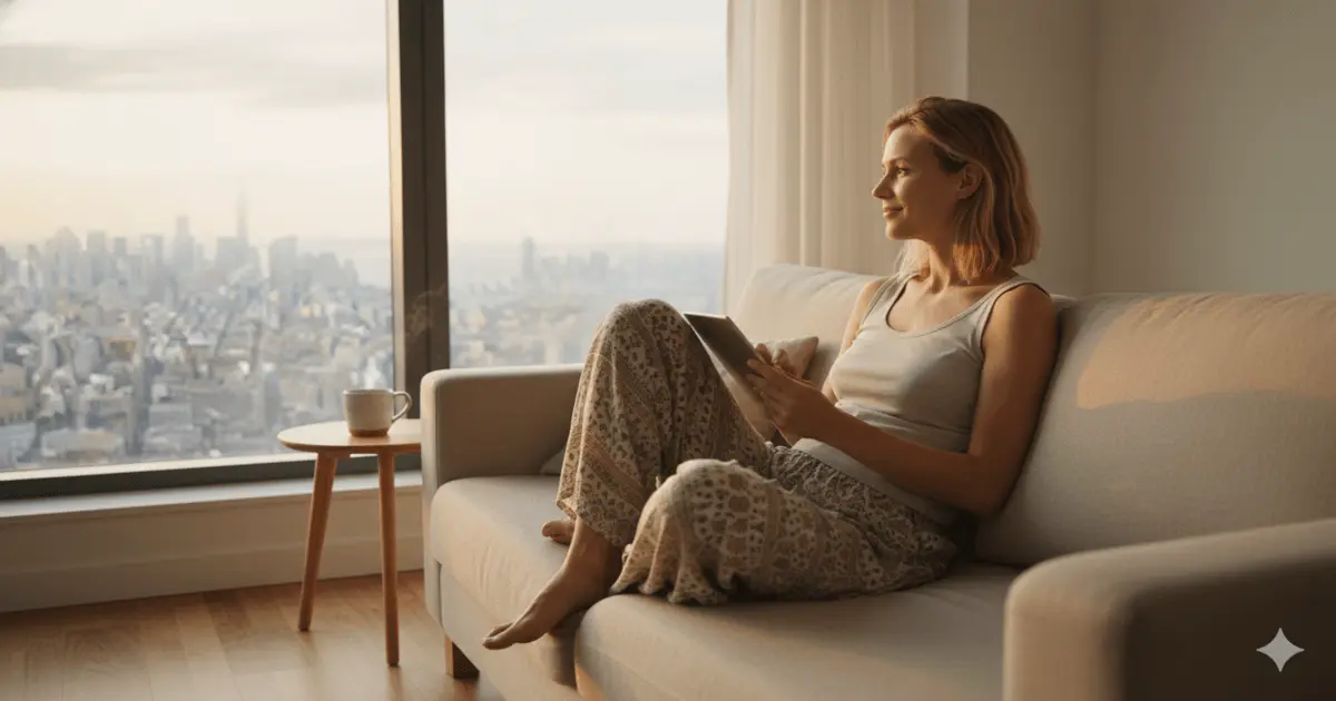 Mulher relaxa no sofá, lendo em tablet ao pôr do sol, refletindo sobre quando comecei a me amar de verdade.