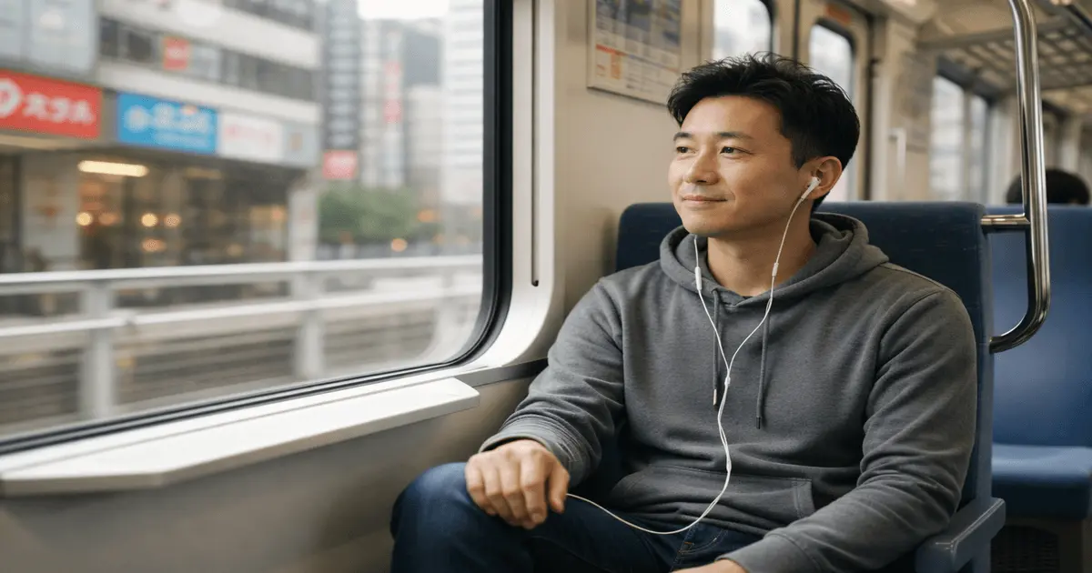Homem no trem em Tóquio, fone de ouvido e sorriso leve, olhando pela janela; o significado de perfect days.