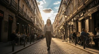 Mulher caminhando em rua de pedras em Madrid ao entardecer, em paz, quando começa a silenciar a mente de forma natural.