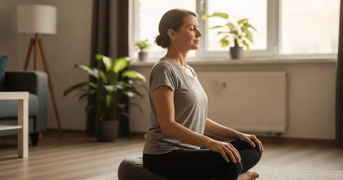 Mulher sentada meditando em casa, olhos fechados, praticando silenciar a mente e cultivando calma no dia a dia.