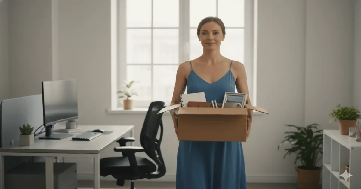 Mulher pede demissão e sai do escritório com caixa de itens de trabalho, deixando vivendo no automático para trás.