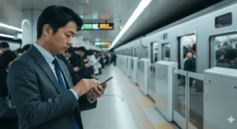 Homem de terno espera o metrô lotado no horário de pico, mexendo no celular, retratando vivendo no automático no dia a dia.