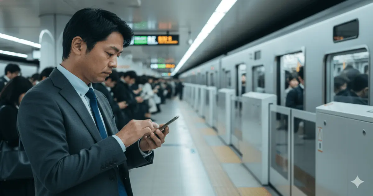 Homem de terno espera o metrô lotado no horário de pico, mexendo no celular, retratando vivendo no automático no dia a dia.