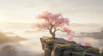 aceitação — árvore solitária com pétalas caindo ao amanhecer entre montanhas representando wu wei