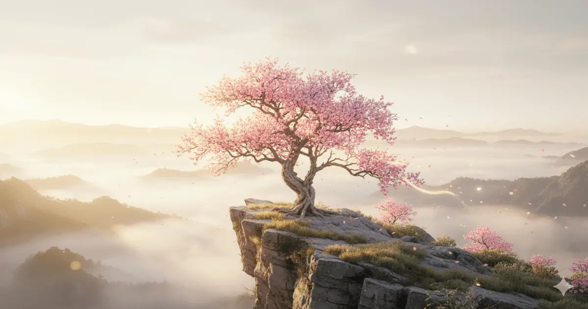 aceitação — árvore solitária com pétalas caindo ao amanhecer entre montanhas representando wu wei