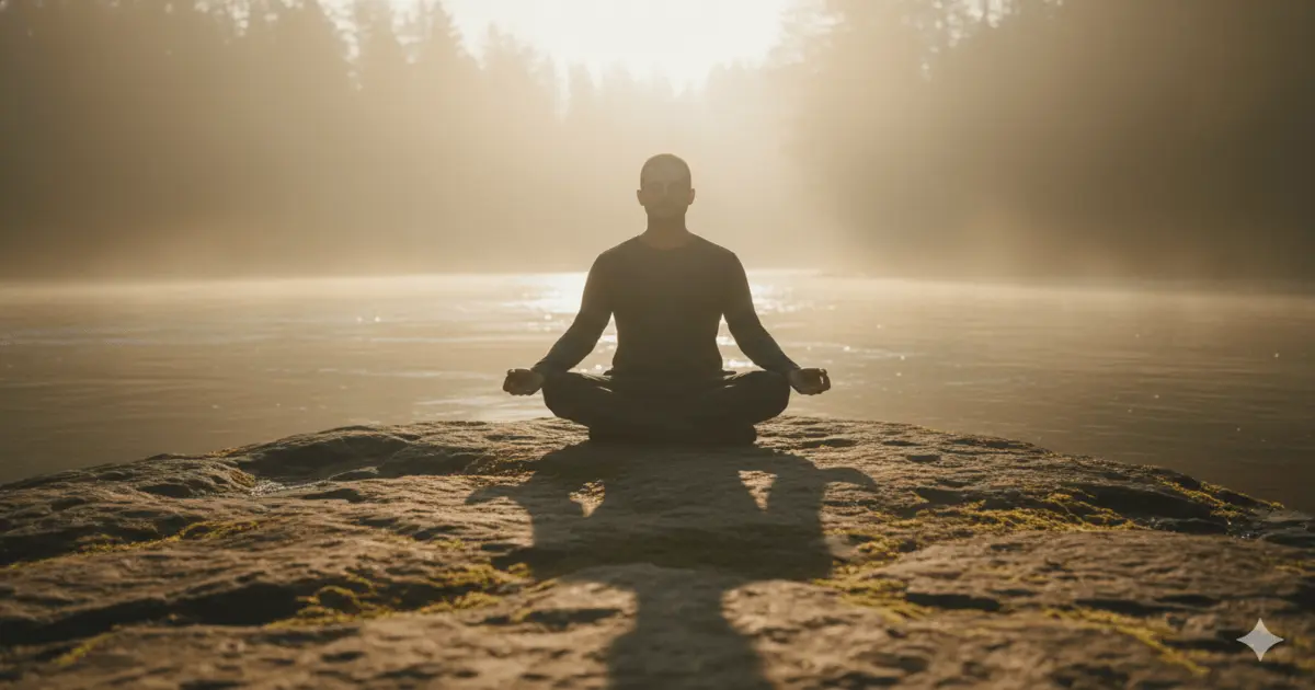 aceitação — homem meditando sobre pedra à beira do rio ao amanhecer praticando wu wei e presença
