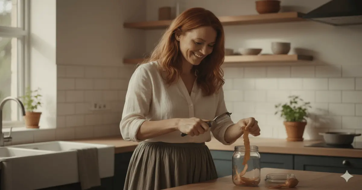 Mulher sorrindo ao guardar cascas de batata num pote de vidro para fazer eco-enzima uma alternativa de como reduzir o lixo doméstico.
