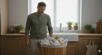 Homem de 50 anos olhando pensativo para um lixo cheio na cozinha, refletindo sobre como reduzir o lixo doméstico