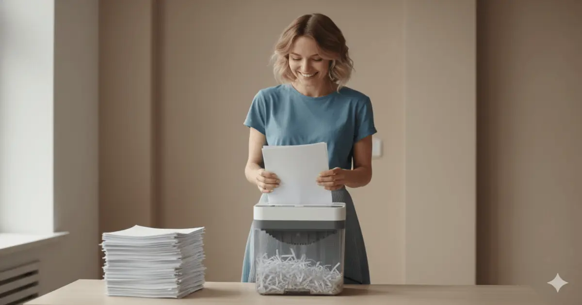 Mulher sorrindo ao colocar folhas usadas na máquina de cortar papel, uma troca prática para como reduzir o lixo doméstico.