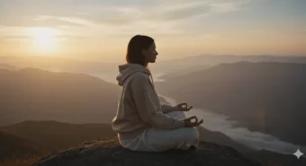 Mulher meditando ao amanhecer nas montanhas, em cena serena que ajuda a entender o que pranayama significa.