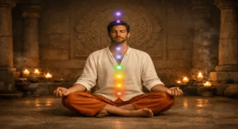 Homem meditando com chakras alinhados e iluminados representando o que são chakras no corpo energético.