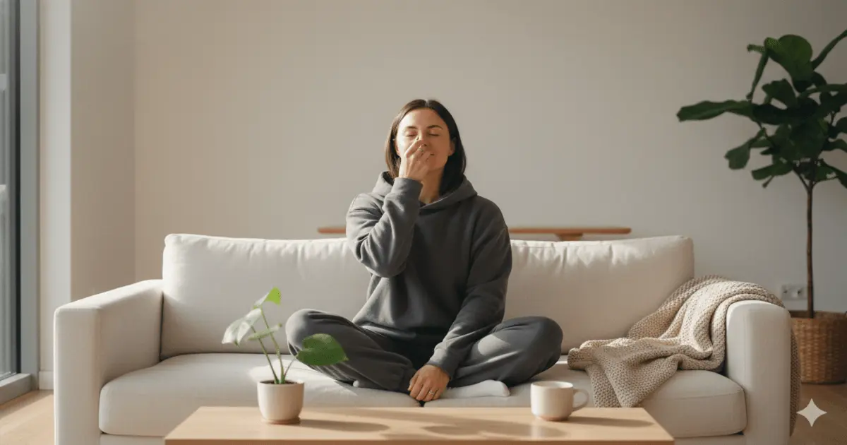 Mulher no sofá praticando respiração consciente em casa, em cena calma sobre o que pranayama significa.