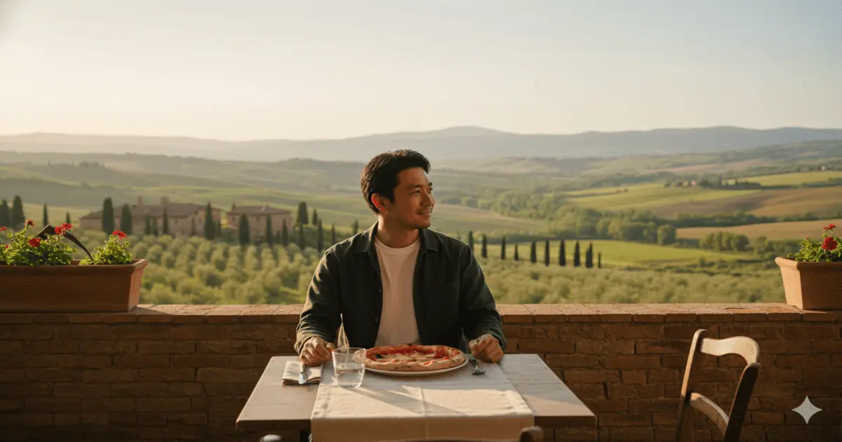 Viajante saboreando pizza marguerita num restaurante na Toscana — presença pura e turismo consciente