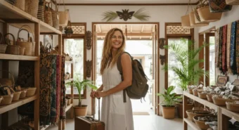 Viajante animada numa loja souvenir em Bali antes de descobrir o turismo consciente.