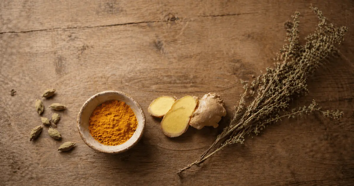Especiarias ayurvédicas — cúrcuma, gengibre e cardamomo — usadas para ativar o agni e potencializar o jejum intermitente.