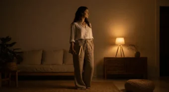 Mulher lendo em casa à noite com apenas uma luminária acesa, mostrando como ser sustentável economizando energia.