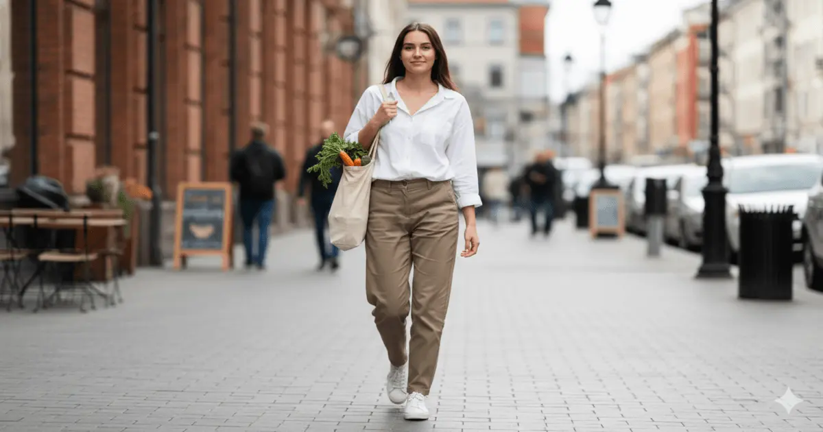 Mulher caminhando na cidade com ecobag de verduras, praticando como ser sustentável no dia a dia.