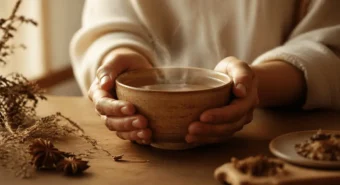 Mãos aquecendo tigela de cerâmica com chá ayurvédico — ritual matinal de consciência e apoio ao jejum intermitente.