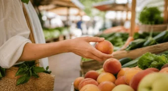 Mao escolhendo fruta fresca na feira como alternativa saudavel aos alimentos ultraprocessados.