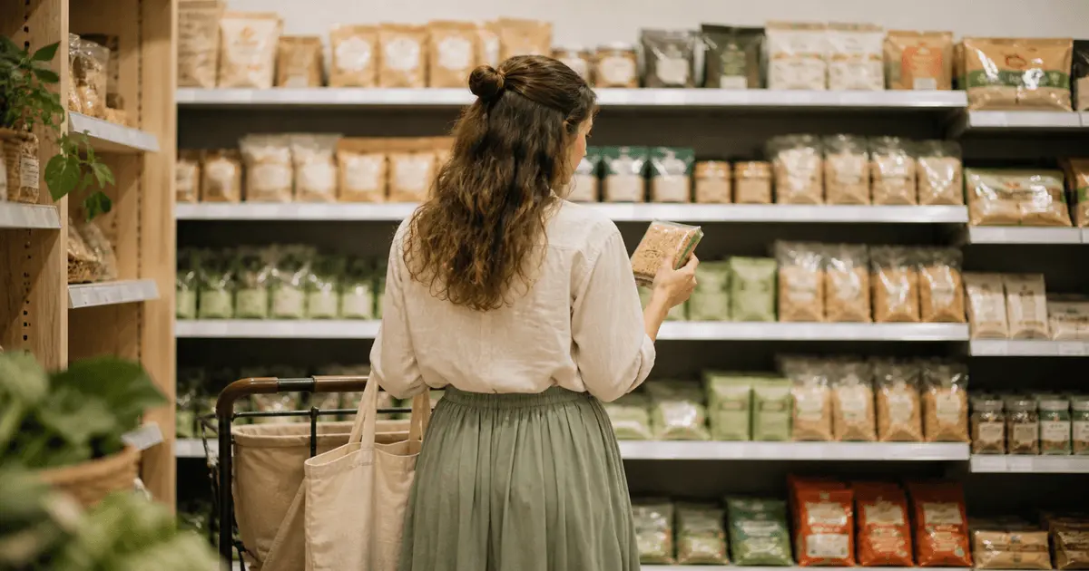 Mulher lendo rotulo no supermercado para identificar e evitar alimentos ultraprocessados.