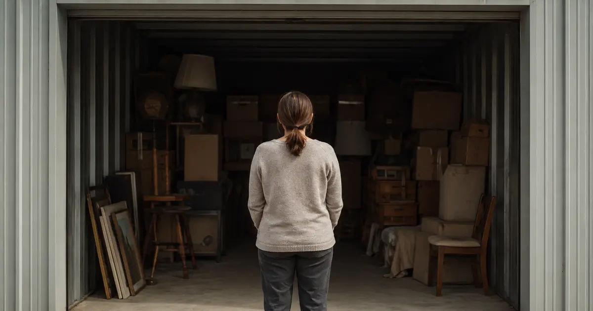 Mulher olha um self-storage cheio de caixas e moveis enquanto reflete sobre como economizar no dia a dia.