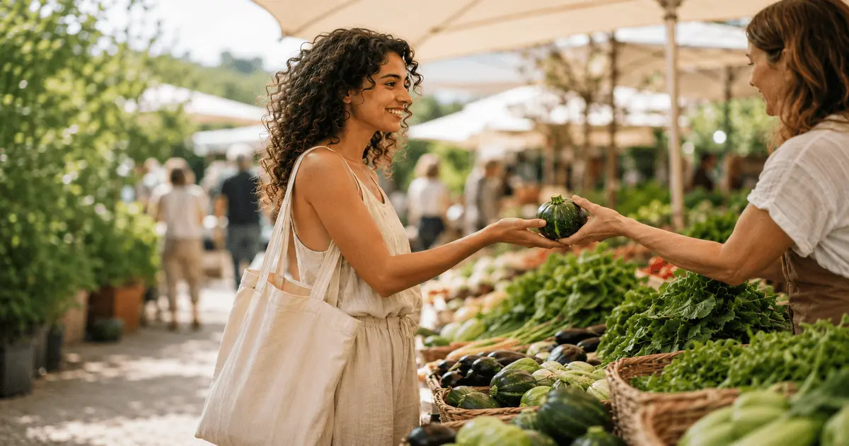 Jovem com ecobag recebe abobrinha de feirante em feira
orgânica — escolhas conscientes e alimentação sustentável.