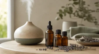 Difusor aromático, lavanda seca e frascos âmbar mostram óleos essenciais: como usar no bem-estar diário.