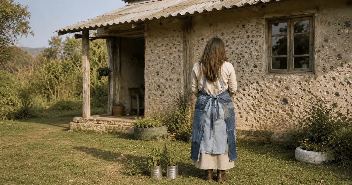 o que é upcycling: mulher de costas com avental jeans diante de casa rústica e vasos reaproveitados.