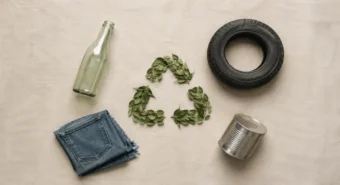 o que é upcycling: símbolo de reciclagem com folhas, vidro, jeans, pneu e lata em fundo neutro.