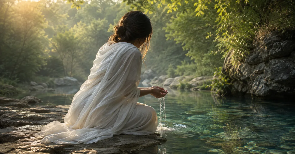 Mulher de roupa branca à beira de um rio cristalino — metáfora da busca interior presente nos ensinamentos de Yogananda.