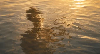 Reflexo humano se dissolvendo na água dourada — representação visual dos ensinamentos de Yogananda sobre consciência e identidade.