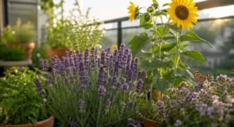 Varanda com lavanda, girassol e ervas floridas: um jardim para polinizadores com abelha e borboleta ao sol da manhã.