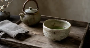 Tigela artesanal de matcha e bule de barro em bandeja de madeira gasta, quietude do ritual wabi-sabi.